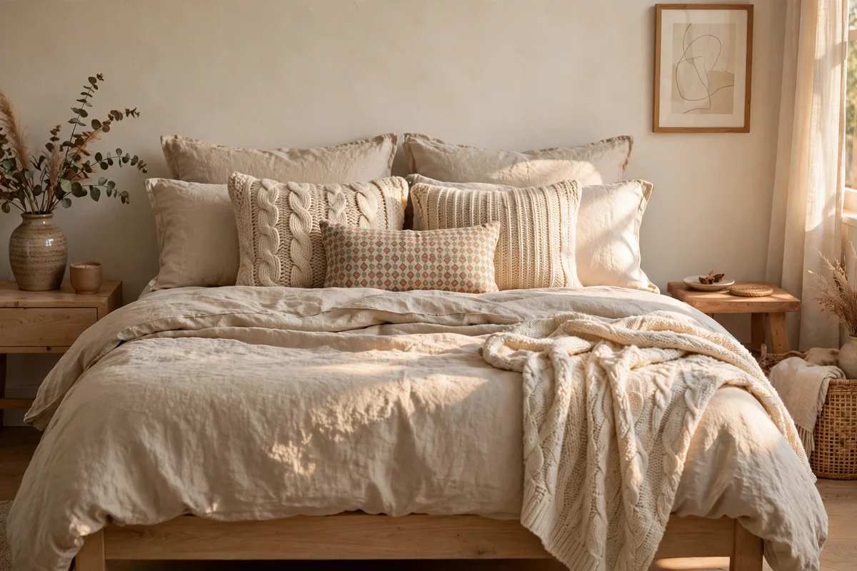 Bed layered with mixed texture cushions in neutral tones