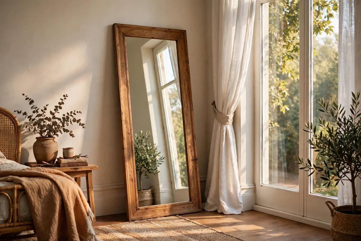 Full length mirror leaning against a bedroom wall beside a window