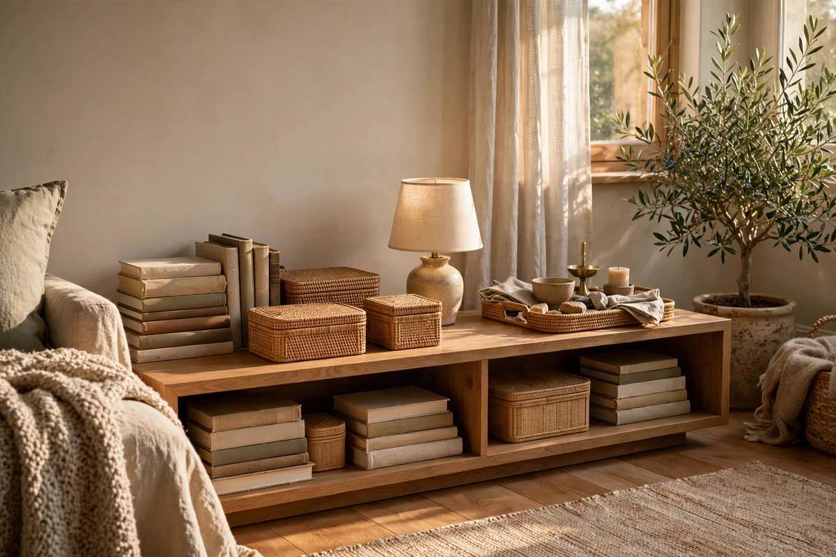 Low freestanding bookcase styled with books, boxes and a lamp