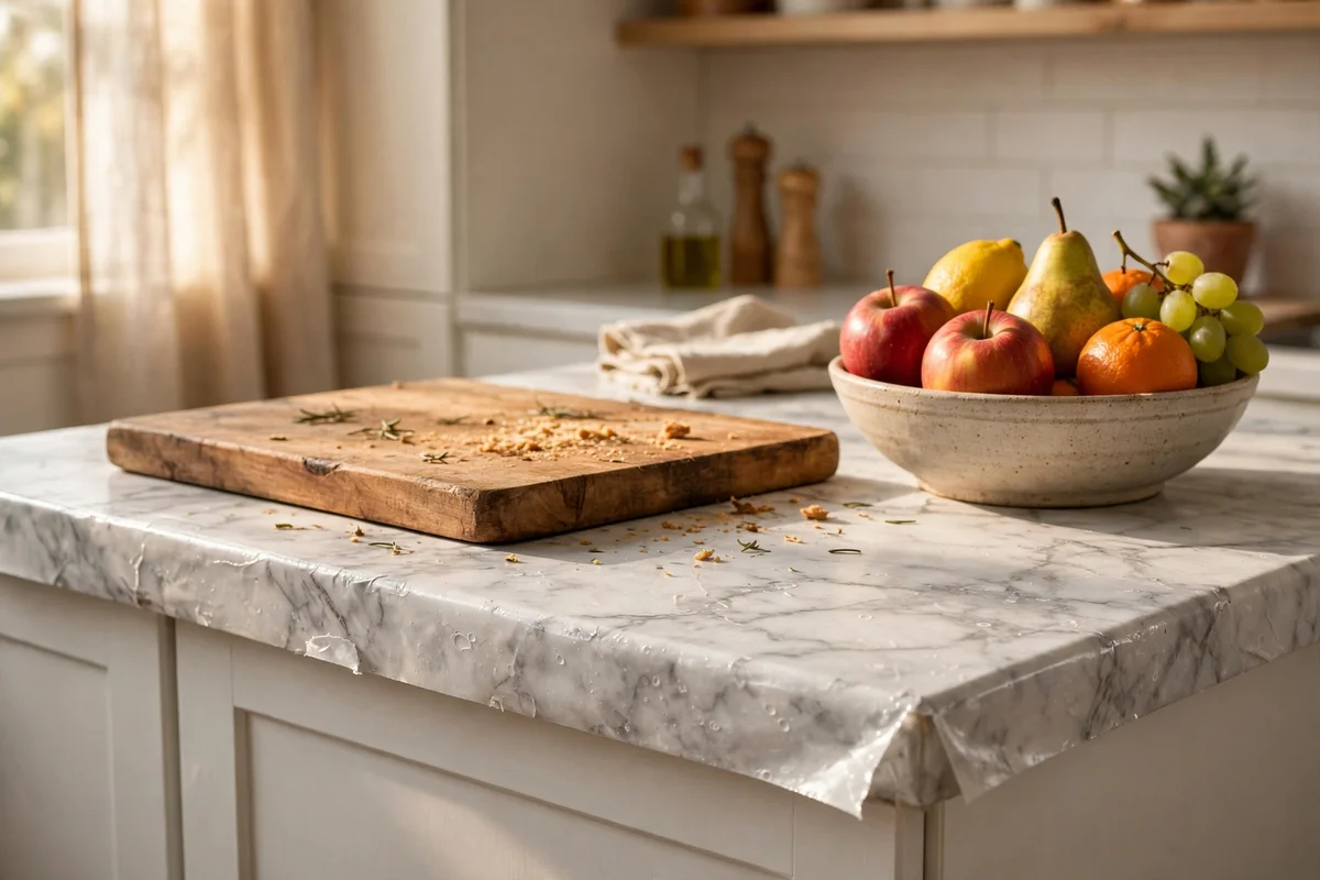 Kitchen worktop covered in marble effect contact paper with a fruit bowl