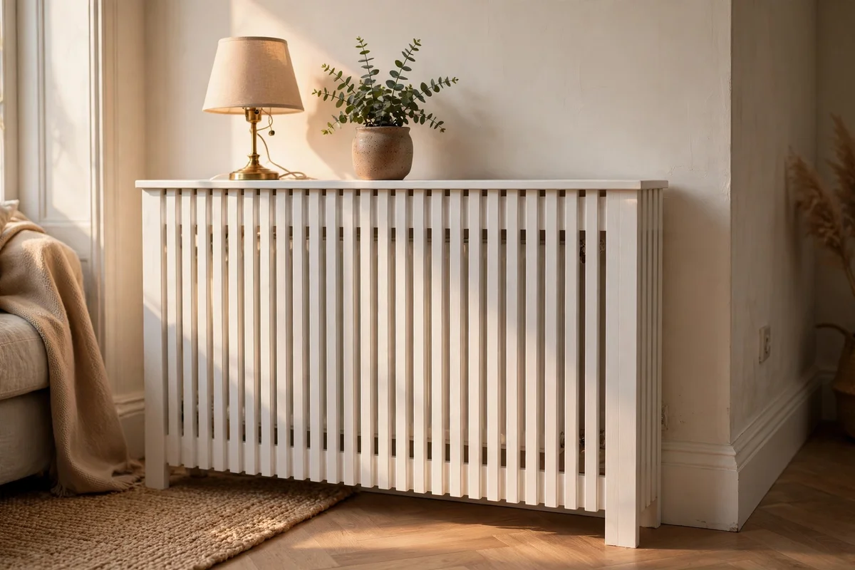 Radiator hidden behind a white slatted freestanding cover with a lamp on top