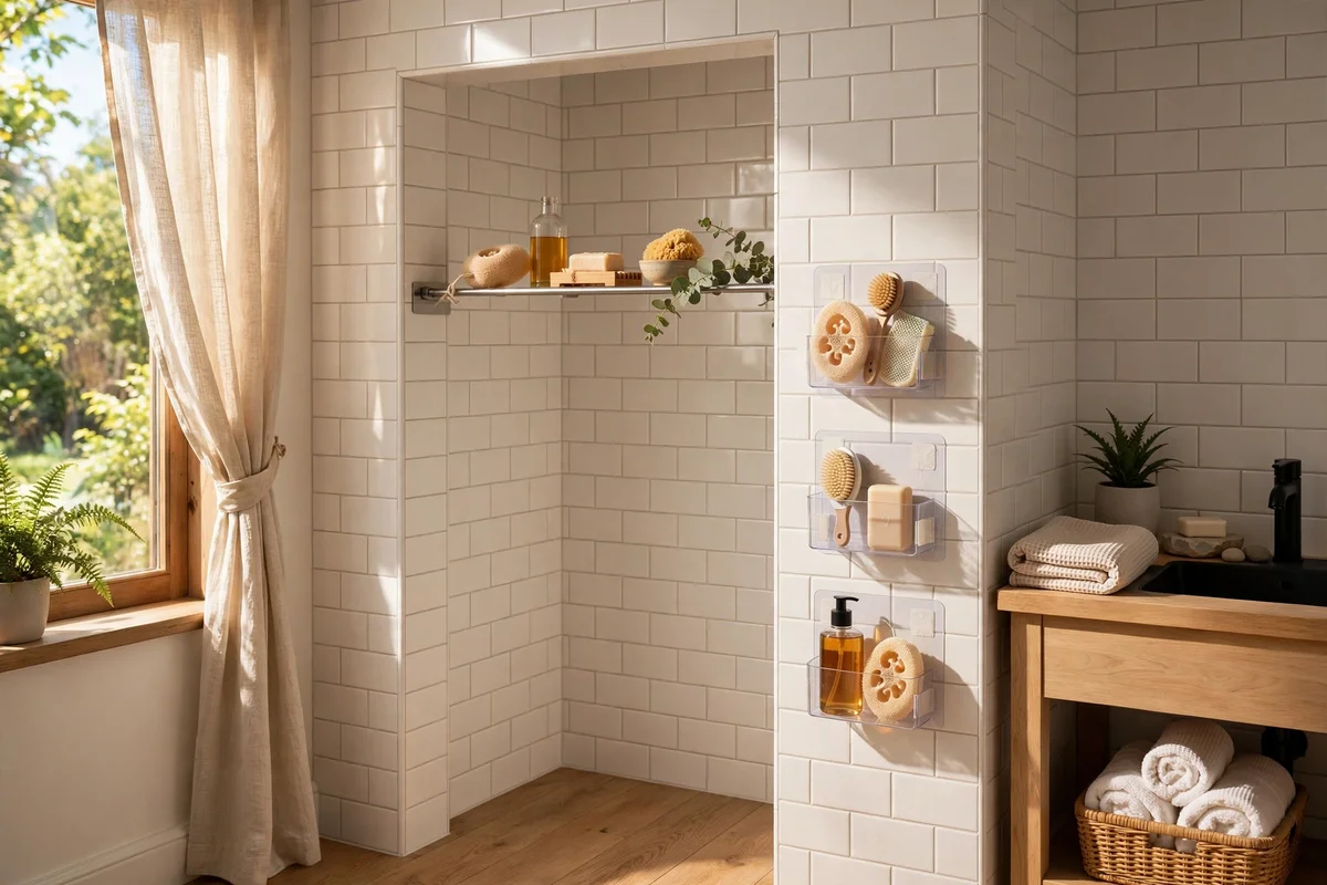 Bathroom with a tension rod shelf and adhesive caddies on the tiles