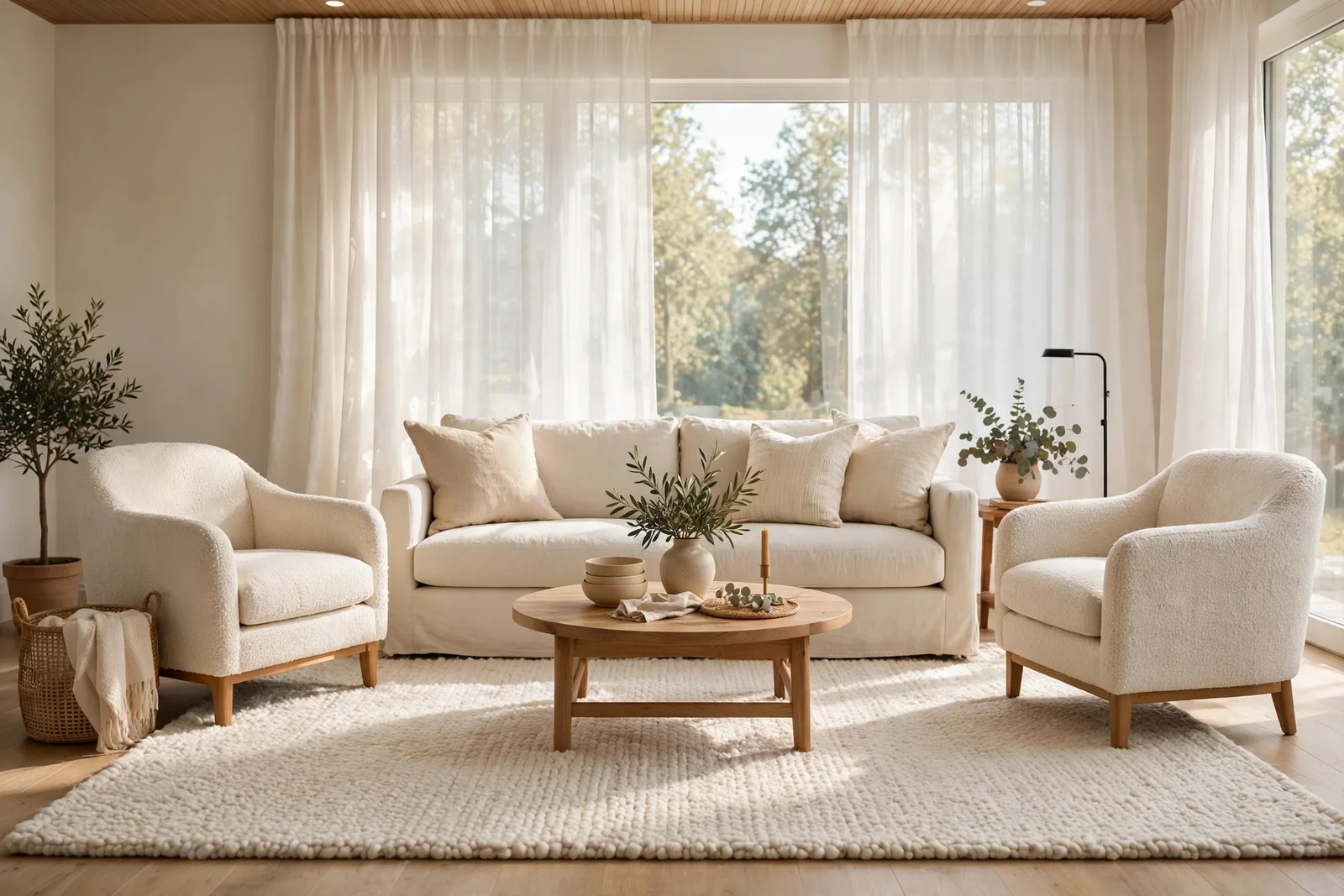 Bright living room with a large cream rug anchoring a sofa and two armchairs