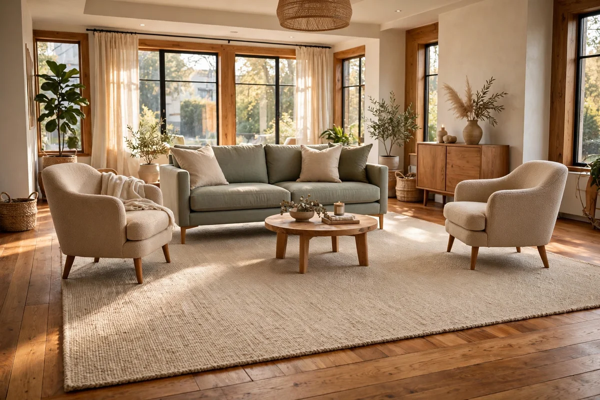 Large living room with every sofa and armchair leg resting on an expansive beige rug