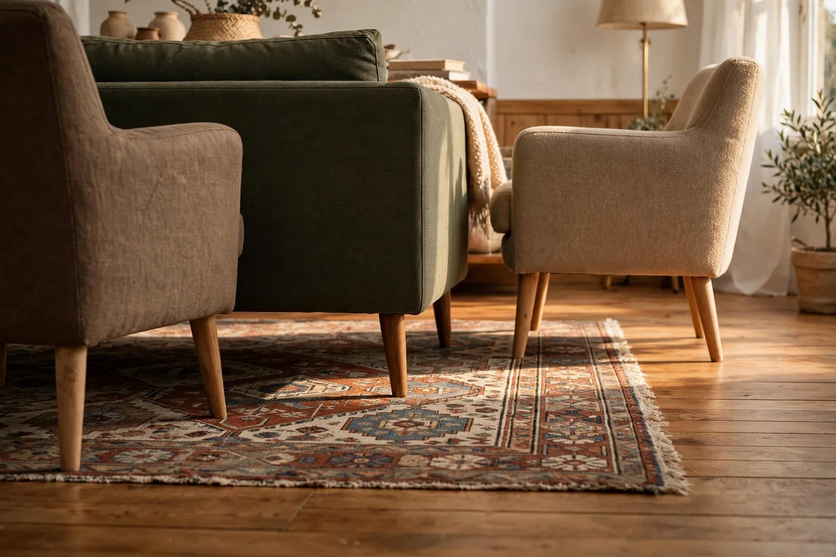 Sofa and armchairs with only front legs on a patterned living room rug