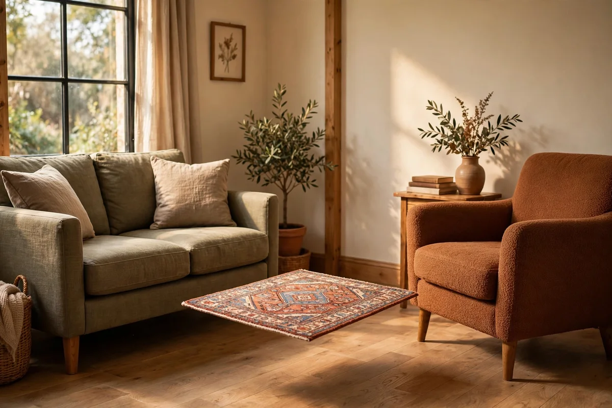 Small rug floating freely between a sofa and armchair in a tight room