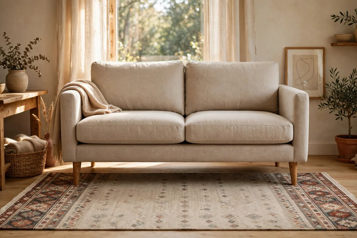 Two-seat sofa framed by a rug with generous patterned borders each side