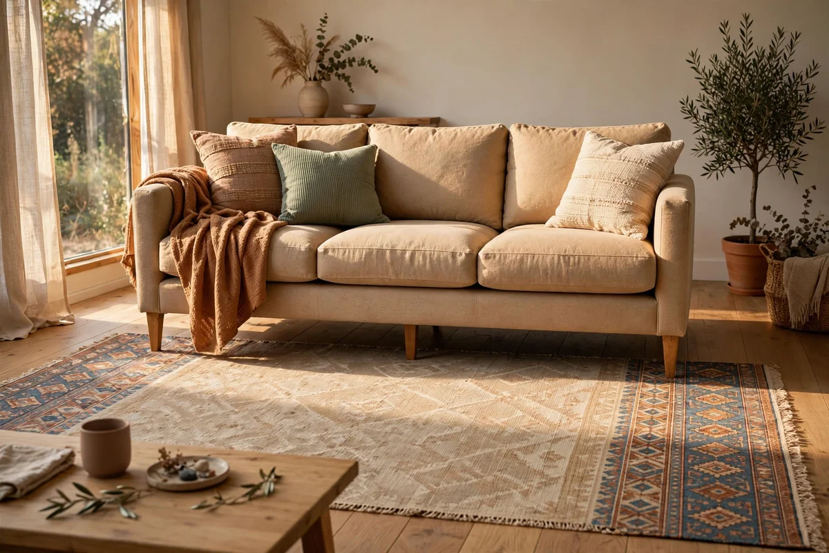 Three-seat sofa anchored on a wide rug with patterned margins each side