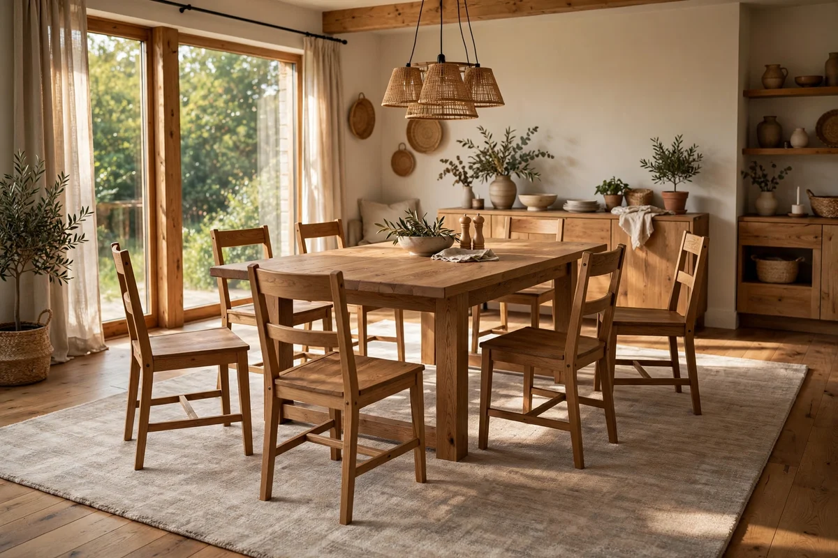 Dining chairs pulled out with all legs resting on a large rug