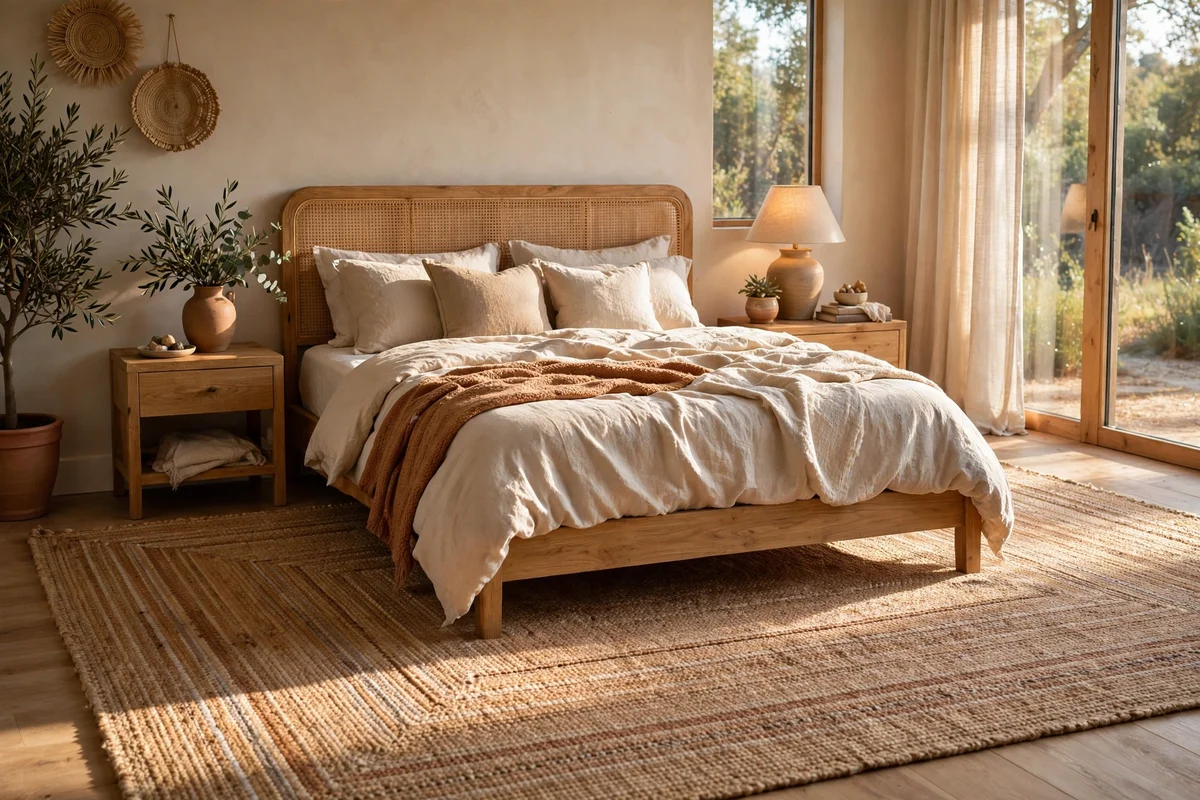 Bedroom rug extending well beyond both sides of the bed