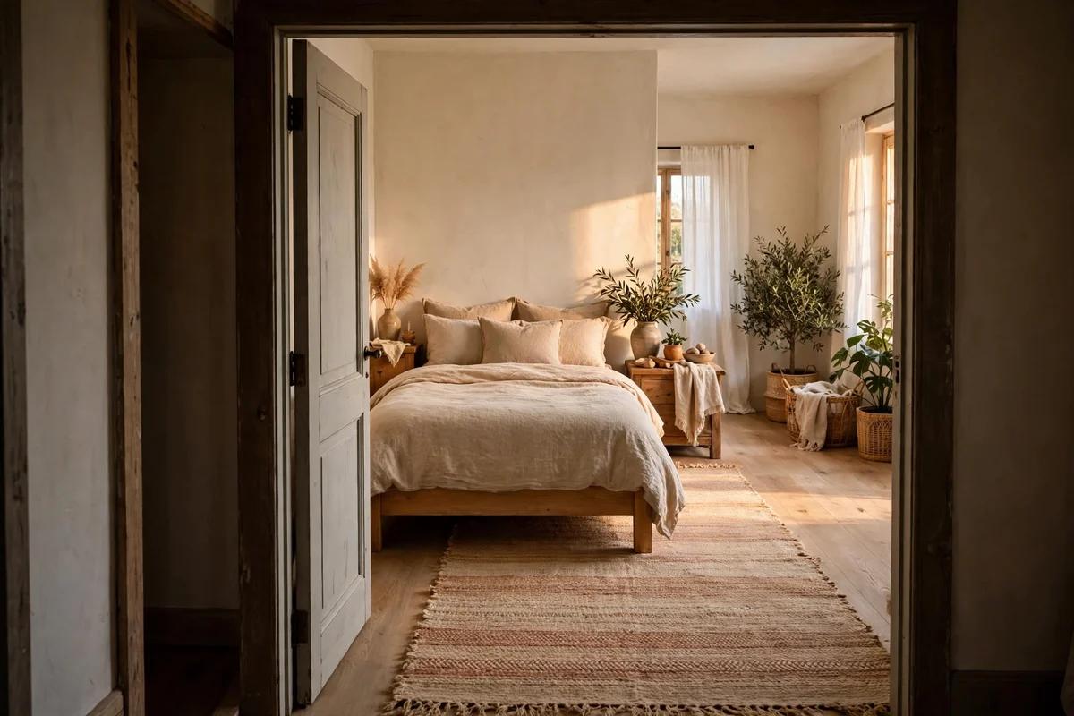 Bedroom rug running past the foot of the bed, viewed from the doorway