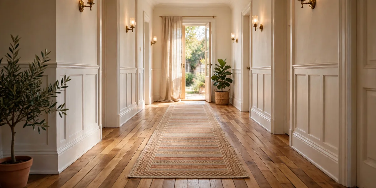 Slim hallway runner centred with even bare floor strips each side