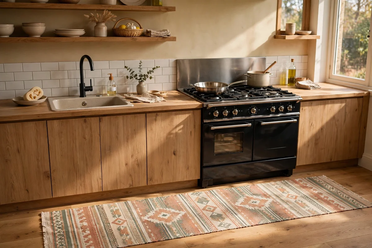 Washable kitchen runner in front of the sink, clear of cupboard doors