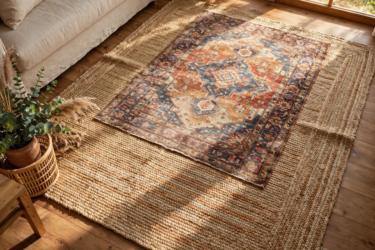 Small patterned rug layered over a large plain jute rug