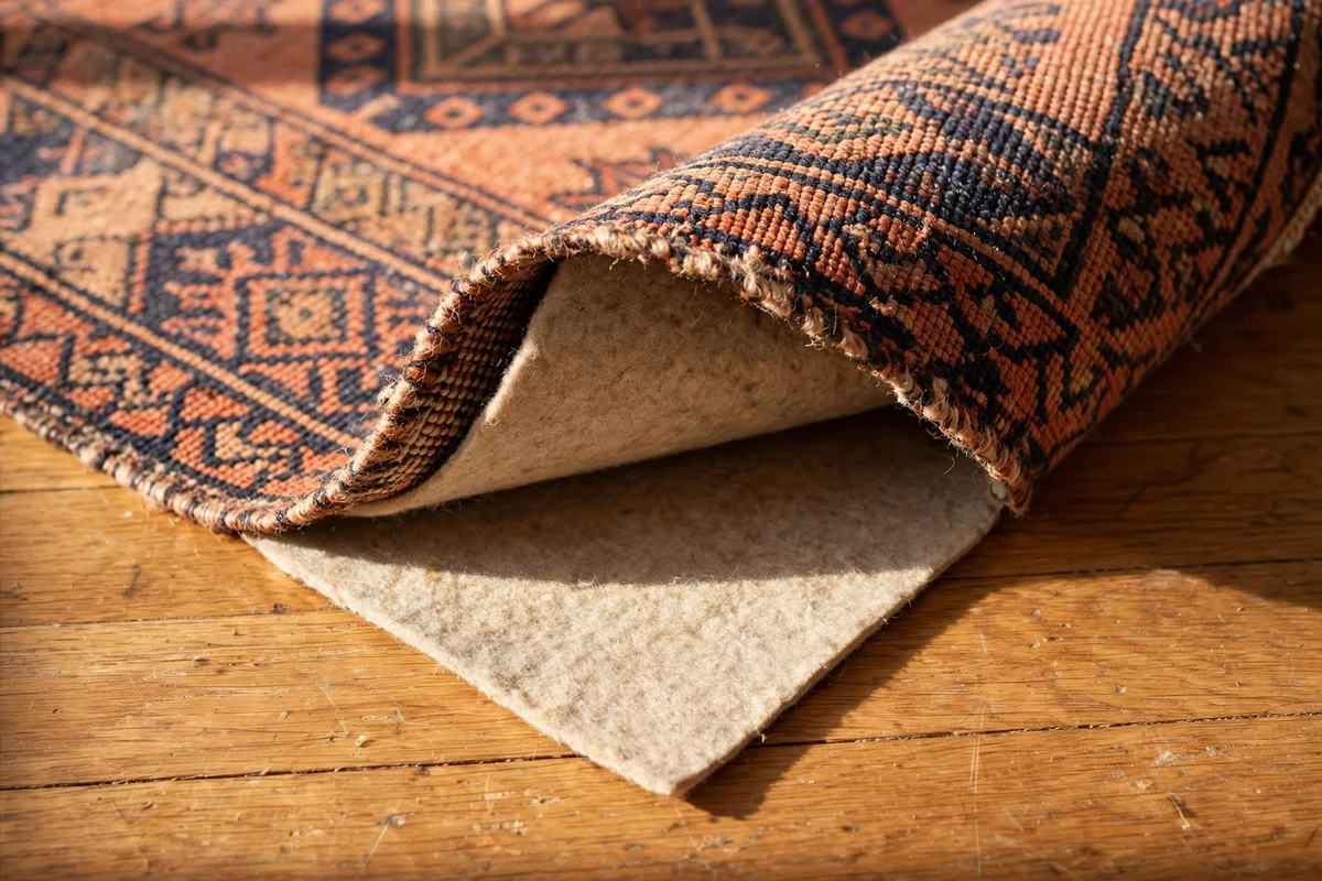 Rug corner lifted to show a slightly smaller pad beneath