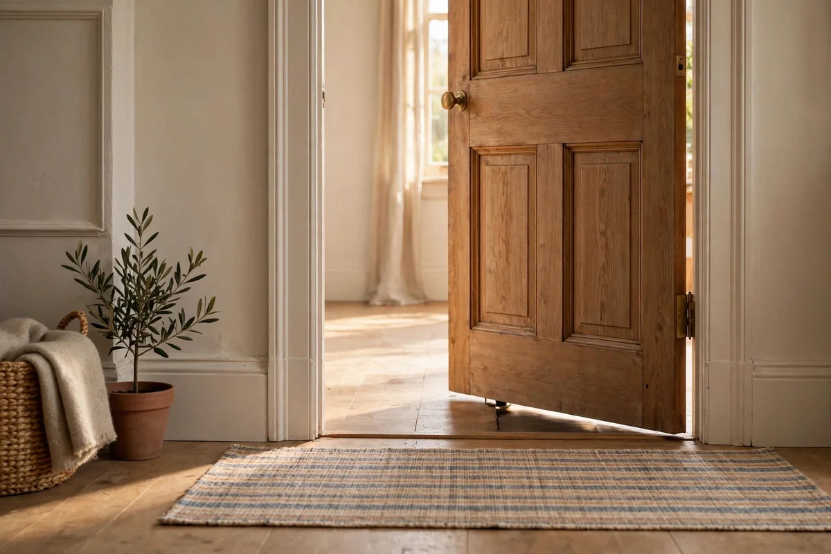 Interior door swung open over a thin rug with clearance beneath