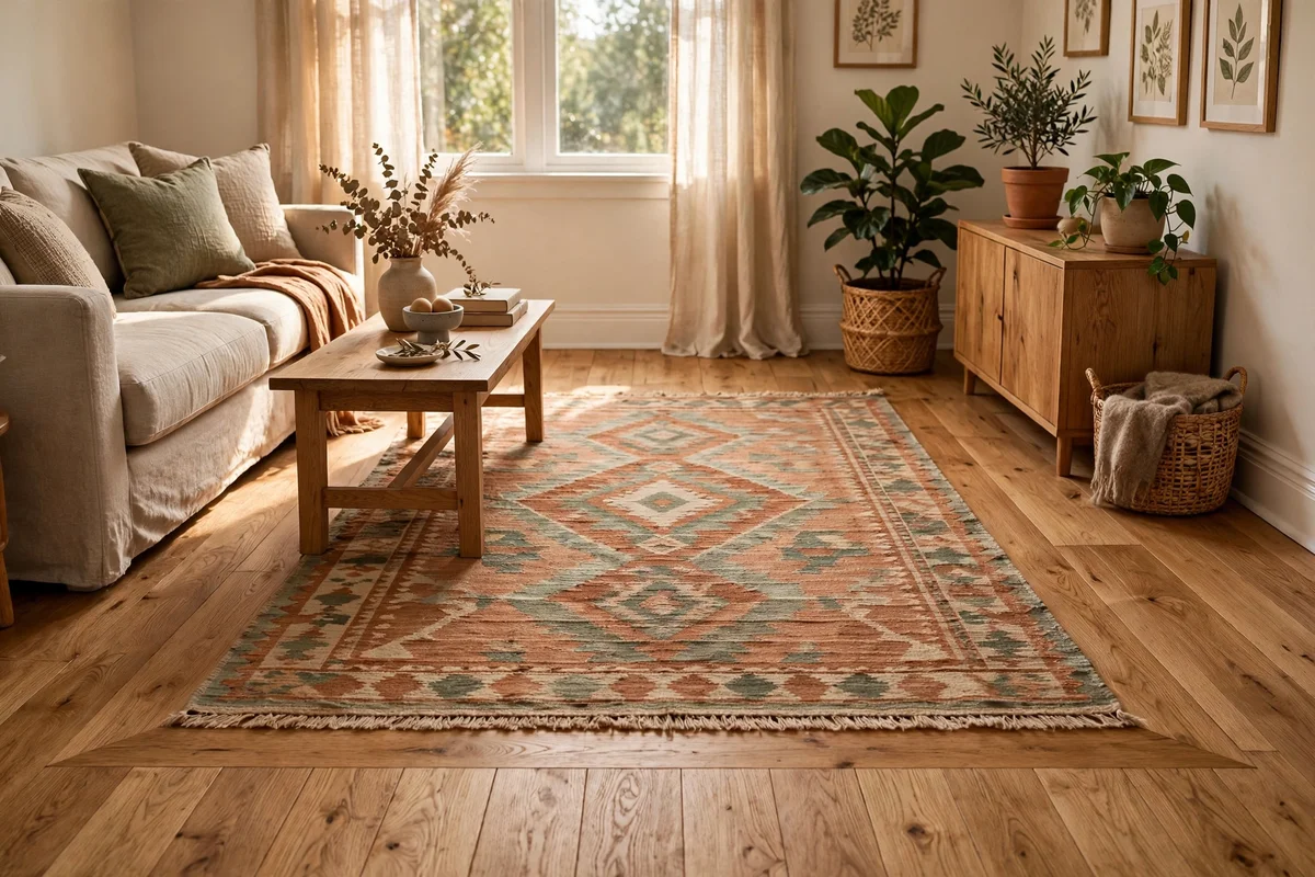 Rug framed by an even border of bare wooden floor