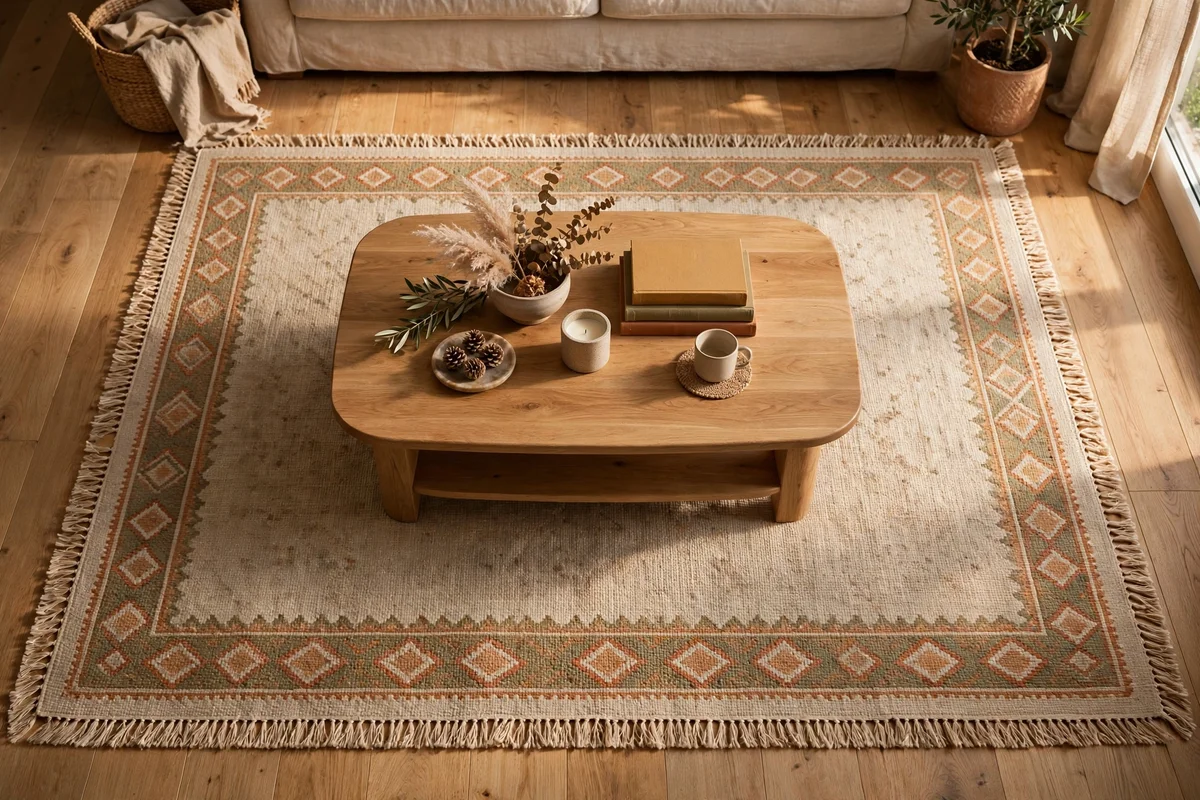 Coffee table centred on a rug with an even margin all round