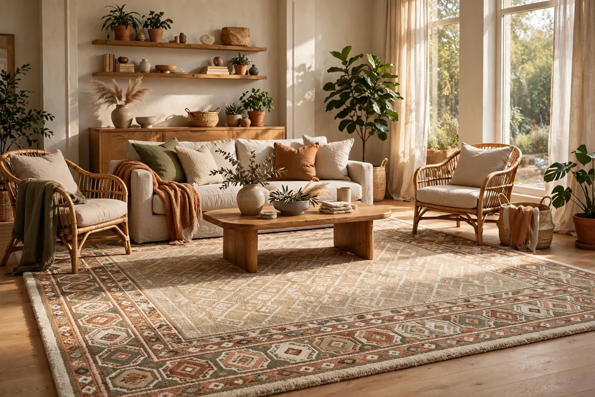 Generously large rug filling the seating area with wide margins