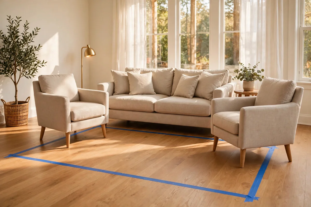 Painter's tape marking a rug outline on the floor around seating