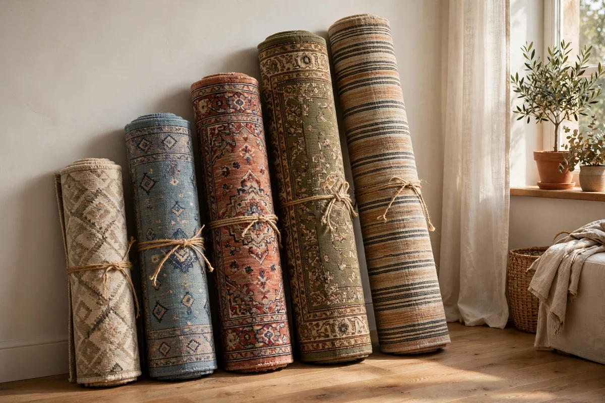 Rolled rugs in different standard sizes leaning against a wall