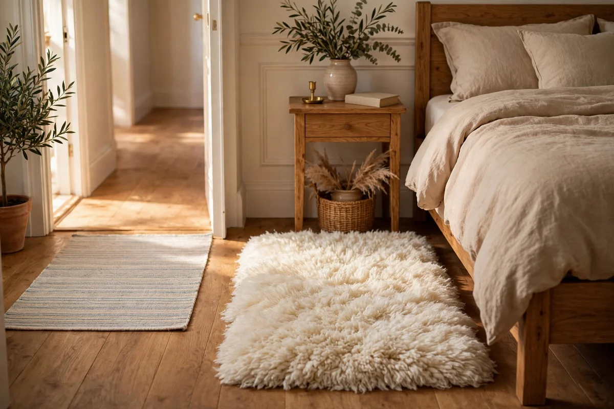 Plush bedroom rug beside the bed and a thin flat rug at the doorway