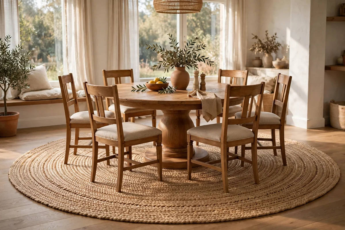 Round dining table centred on a large round rug with even overhang