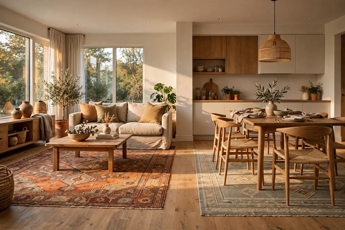 Two rugs defining separate living and dining zones in an open-plan room