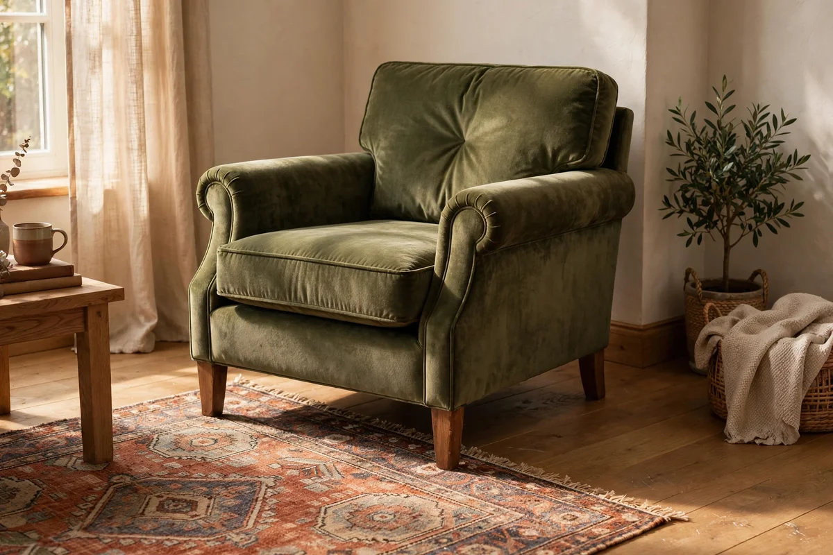 Armchair with front feet resting on the edge of a living room rug