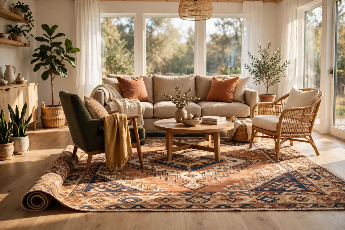 Newly unrolled rug lying flat with seating arranged on top