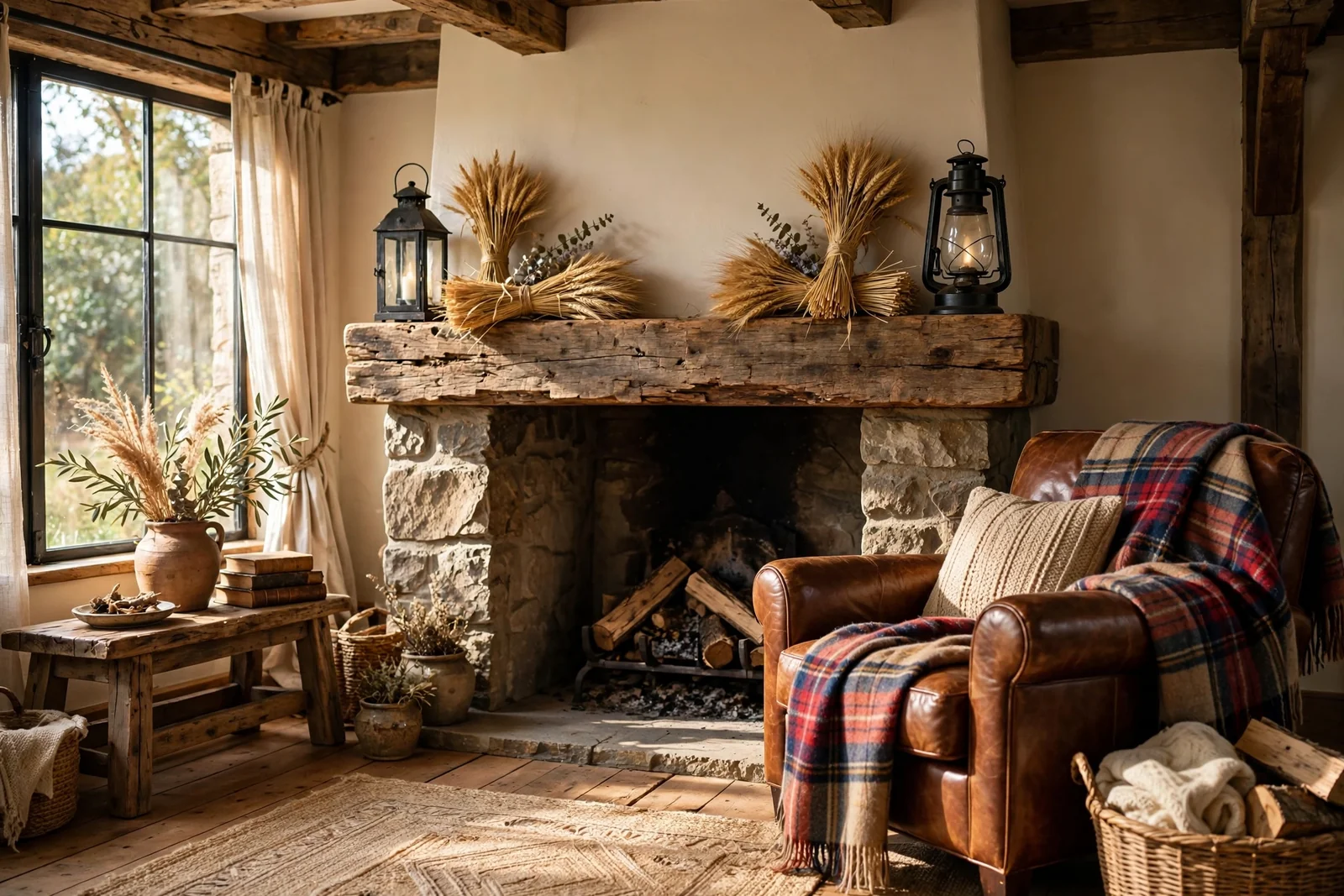 Rustic living room mantel with wheat sheaves, iron lanterns and wool throw