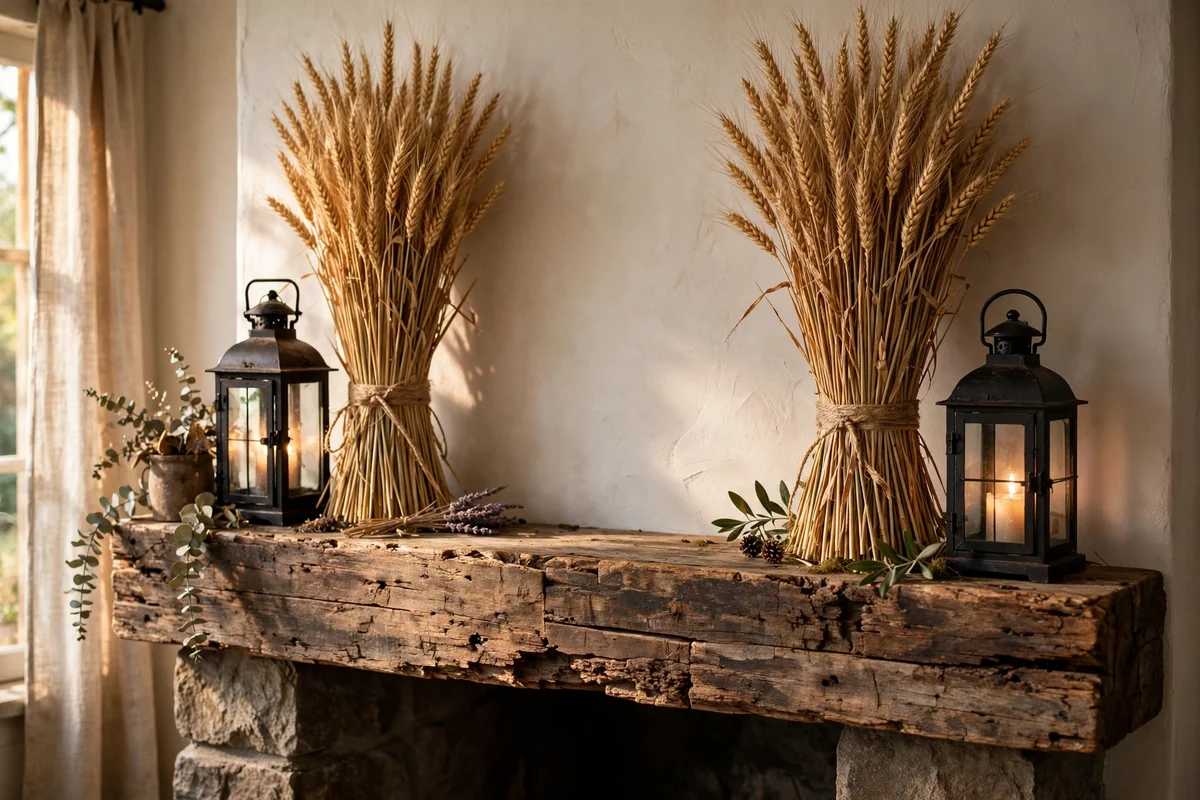 Reclaimed wood mantel with wheat sheaves and black iron lanterns