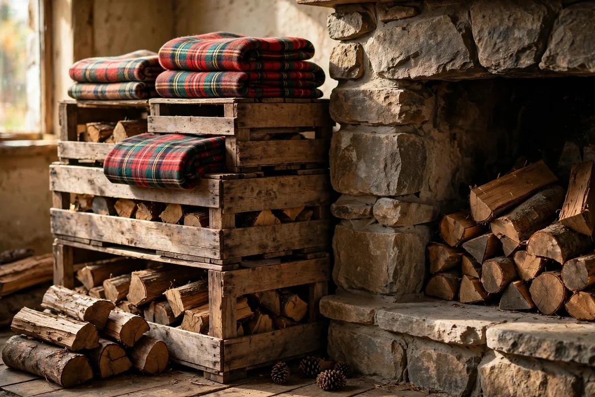 Wooden crates by fireplace storing logs and folded wool throws