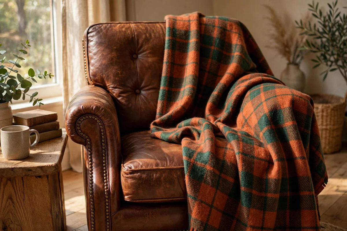 Plaid wool throw draped over a leather reading chair