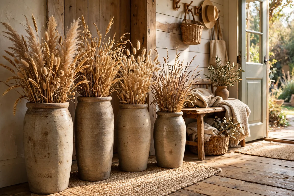 Stoneware crocks with dried grasses in an entryway