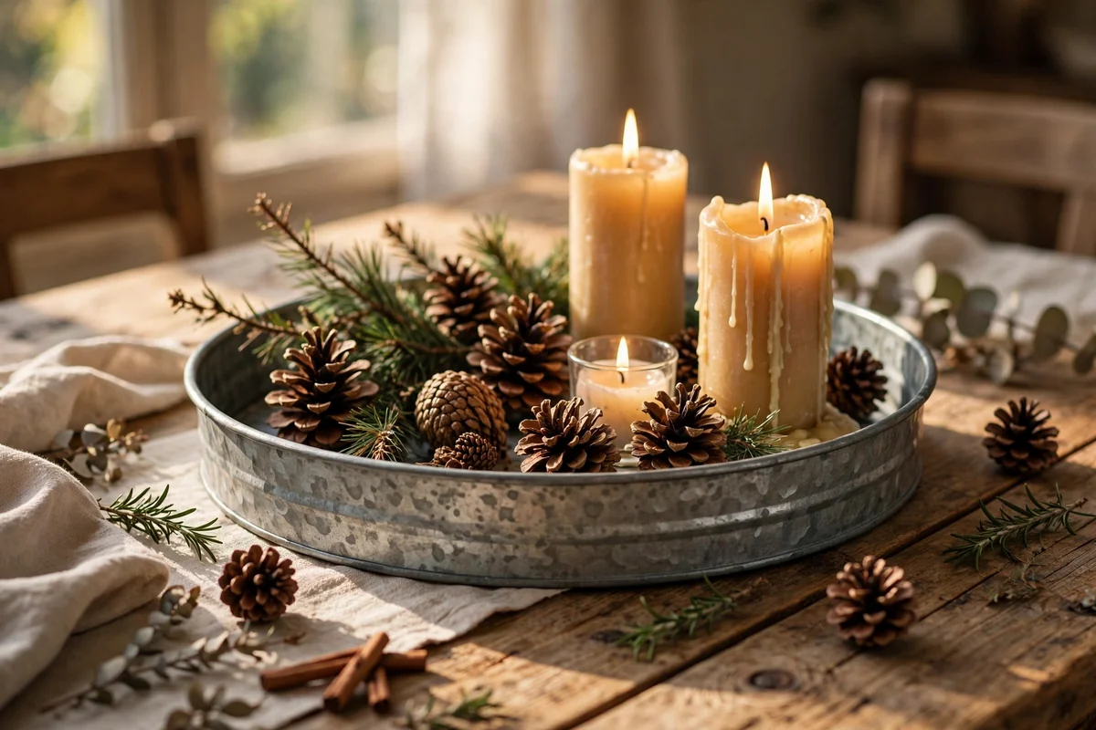 Galvanised metal tray centrepiece on a wooden dining table