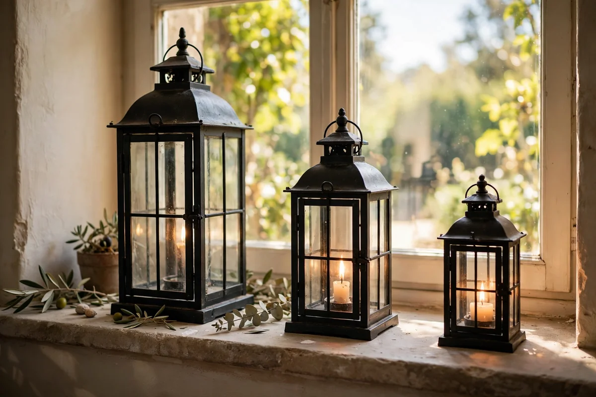 Black iron lanterns in three heights on a windowsill