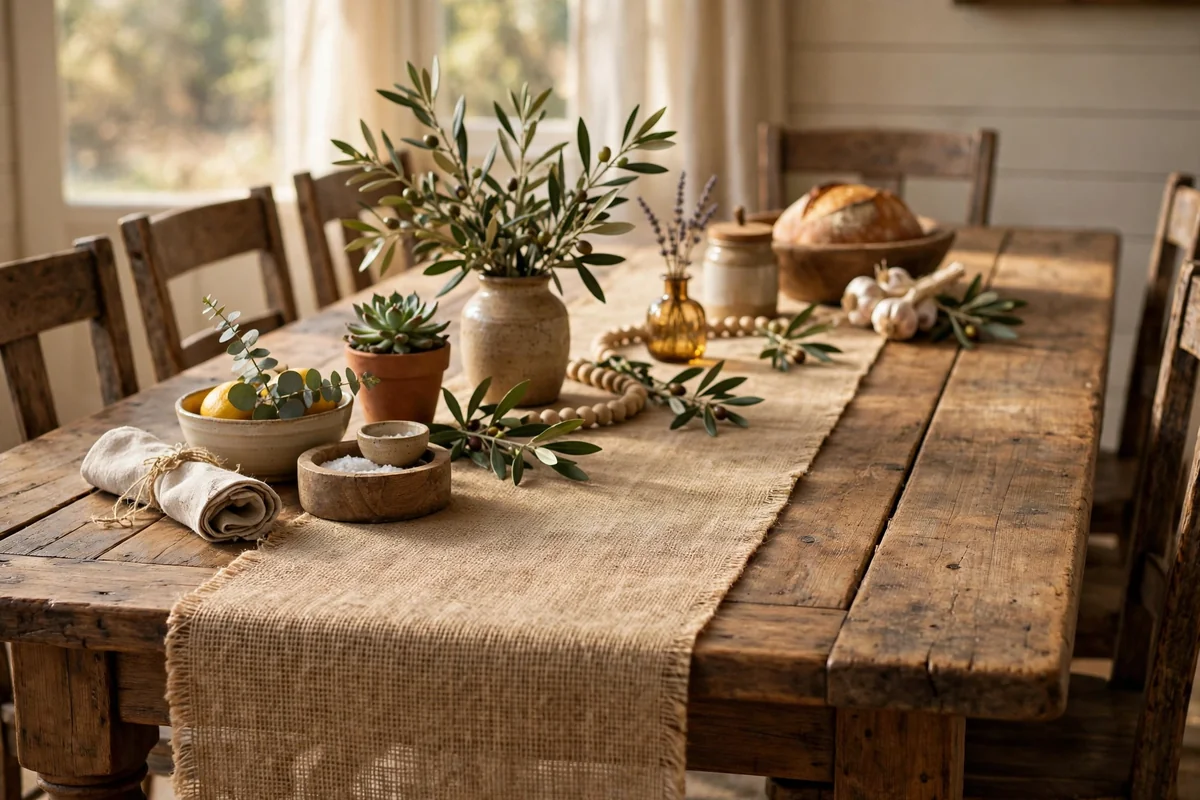 Burlap runner down a long wooden dining table