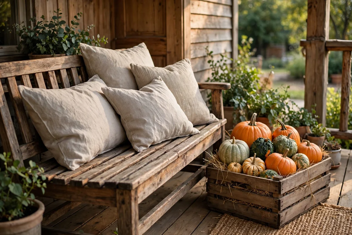 Porch bench with linen cushions and a crate of pumpkins