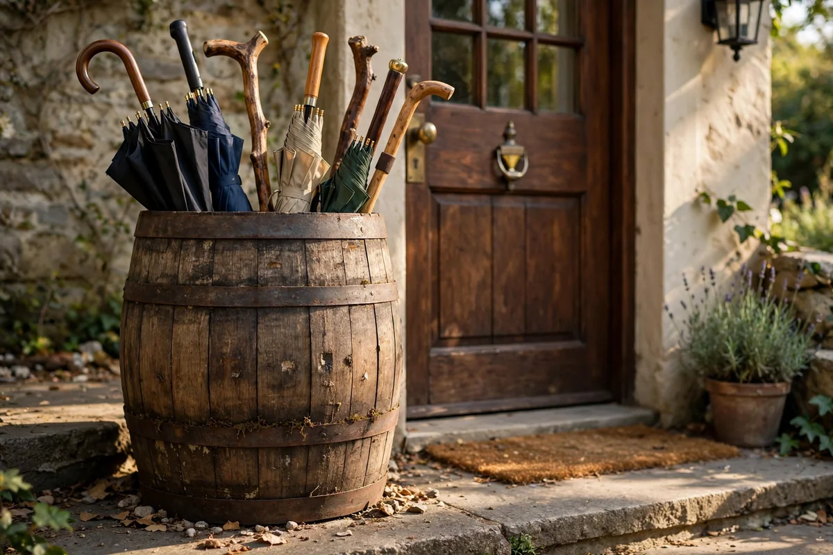 Wooden barrel by the door used as an umbrella holder