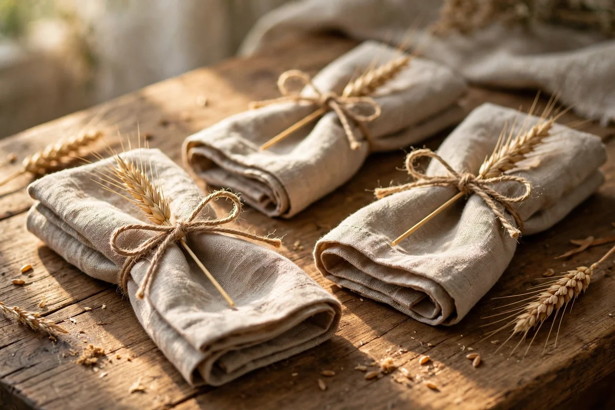 Linen napkins tied with twine and wheat sprigs