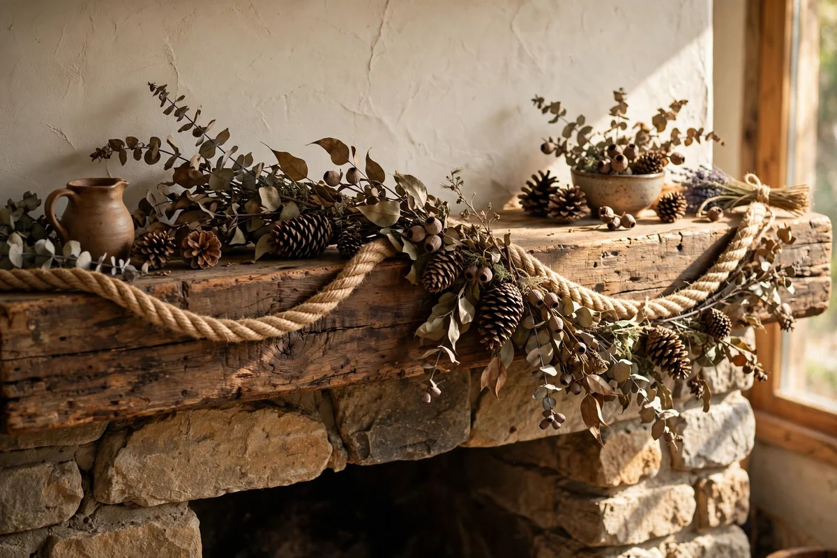 Eucalyptus and pinecone garland across a wooden mantel