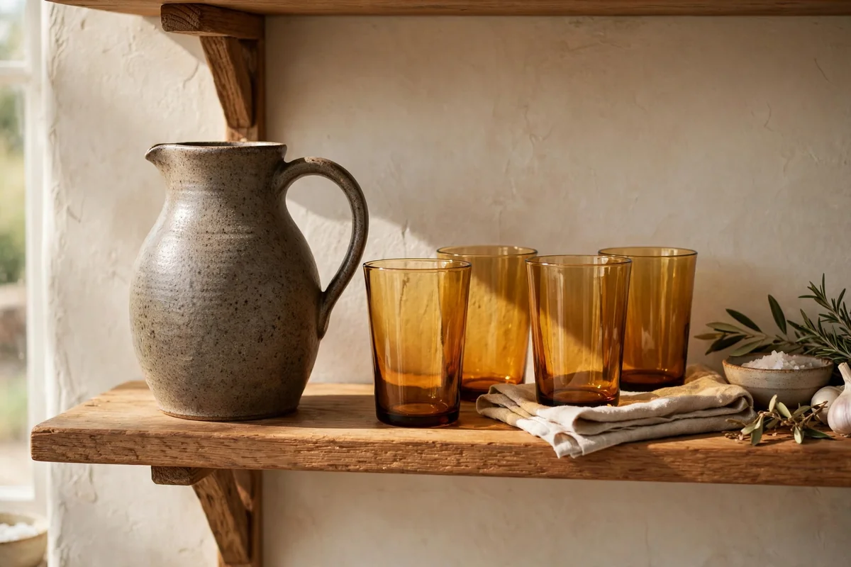 Stoneware pitcher with amber glasses on open shelving