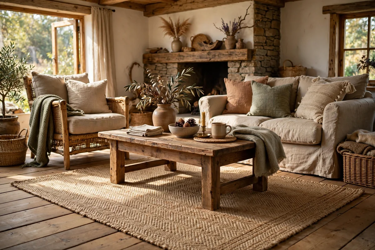 Jute rug under a coffee table in a rustic sitting area