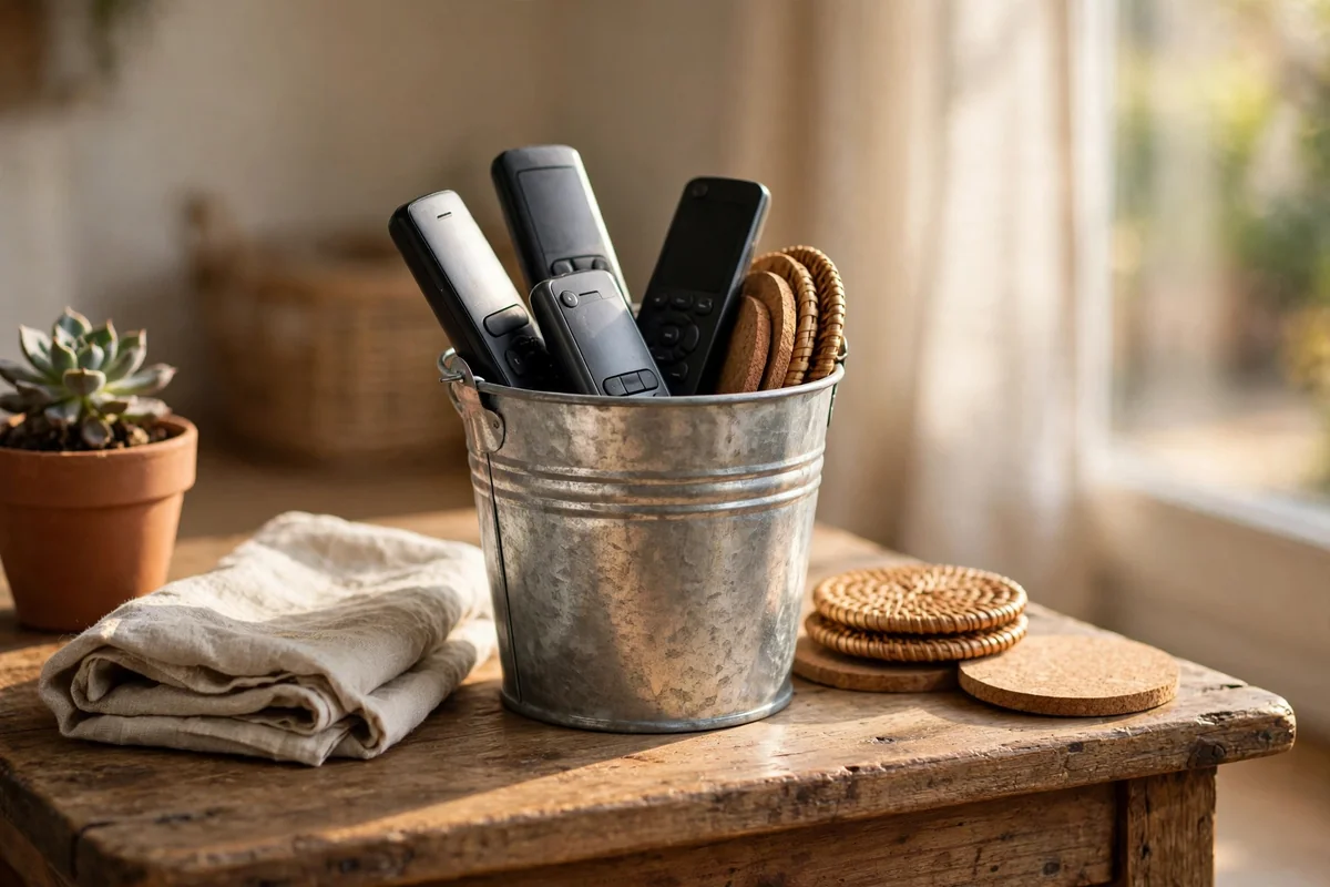 Galvanised pail on a side table holding remotes and coasters