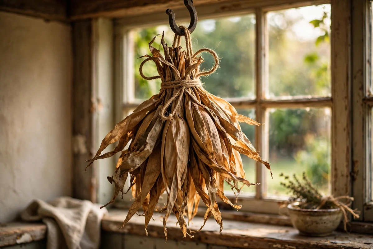 Dried corn husks hanging by a kitchen window