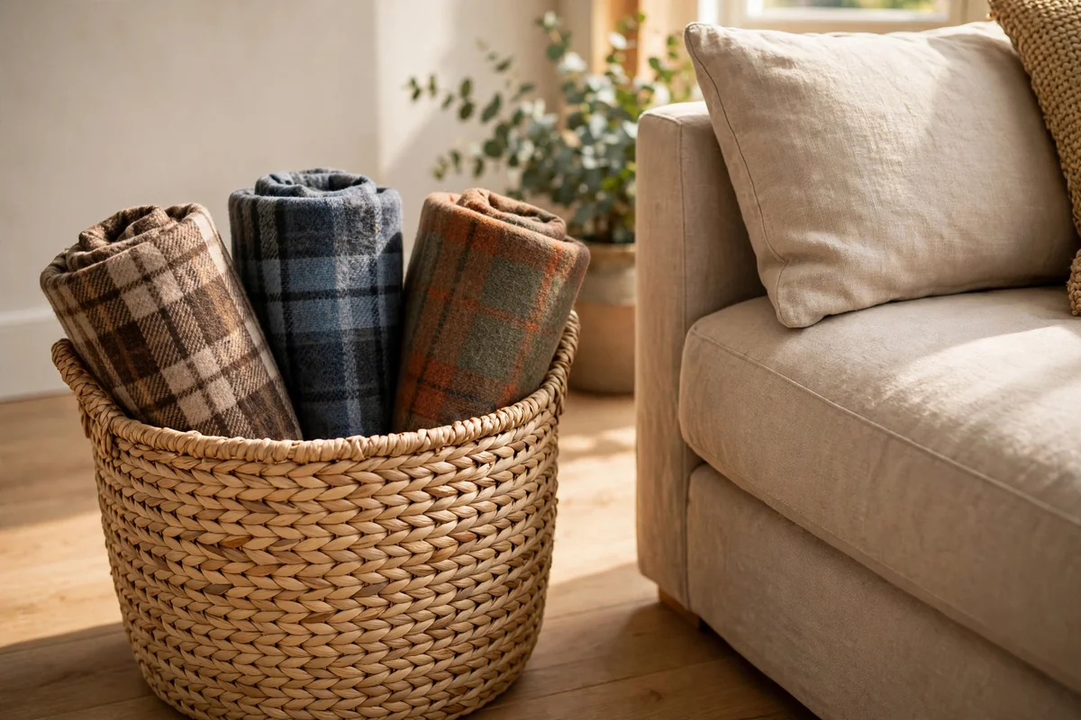 Woven basket of rolled plaid throws beside a sofa