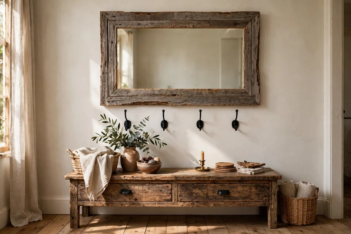 Entry console with reclaimed wood mirror and iron hooks