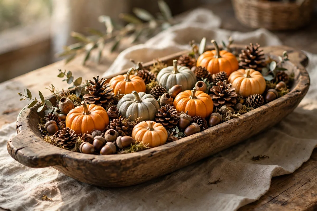 Wooden dough bowl filled with mini pumpkins and pinecones