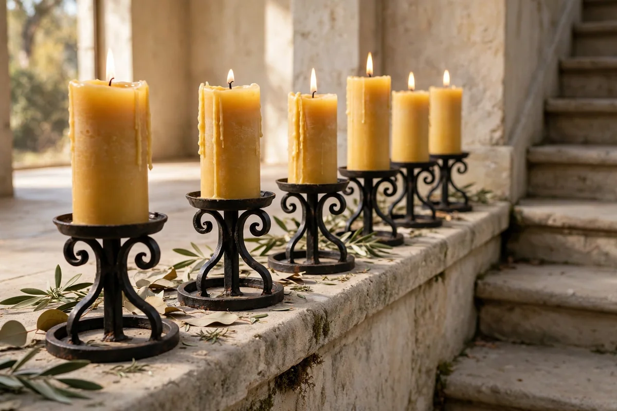 Beeswax candles in iron holders along a stair ledge
